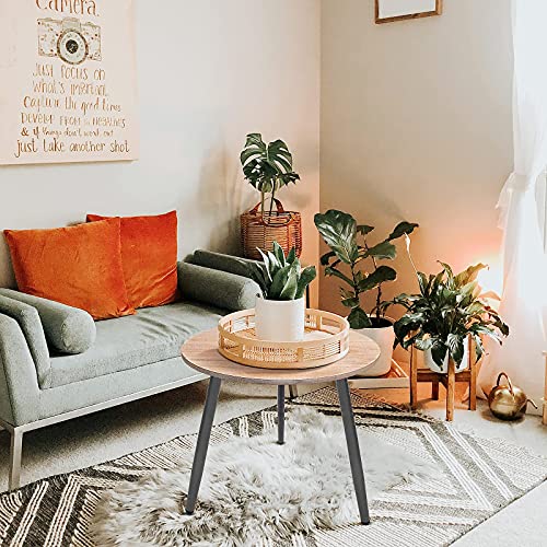 Side Table, Round End Table Wood Nightstand Metal Small Accent Table Home Decor for Living Room, Bedroom, Balcony