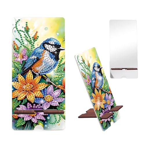 Image of Flower and Bird Diamond Painting Phone Stand with Mirror, DIY Wooden Diamond Art Desktop Holder, 2-in-1 Diamond Painting Tabletop Ornament - Phone Stand and Mirror for Home and Office