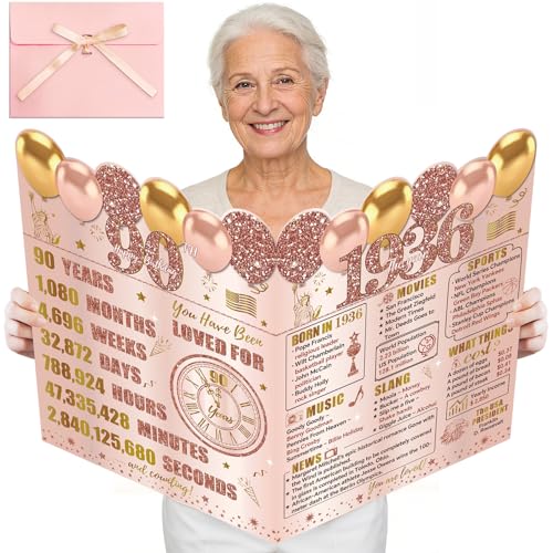 Kircirx Large 90th Birthday Cards for Women With Envelope, Pink Rose Gold Vintage 1936 Birthday Cards Jumbo Happy 90th Birthday Decorations Greeting Card Guest Book Ninety Party Supplies Gifts