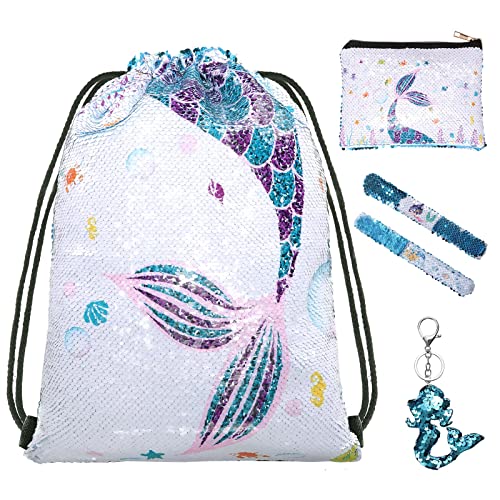 Wodasi Pailletten Meerjungfrau Turnbeutel, Tanz Taschen Kordelzug Rucksack, Meerjungfrau Tasche, Pailletten Tasche Set Kordelzug Rucksack, Meerjungfrau Geschenk für Mädchen Kinder, 5 Pcs Cover