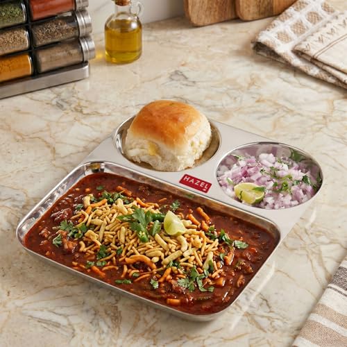 Image of HAZEL Stainless Steel 3 Compartment Plate | Section Thali for Kids & Adults | Rimless Divided Pav Bhaji Tray for Meals & Portion Control