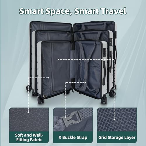 Image of Carry on Luggage, PC Hard Shell Suitcase 22x14x9 Airline Approved TSA Lock YKK Zippered Double Spinner Wheels Lightweight Suitable for Men and Women, 20 Inch Silver