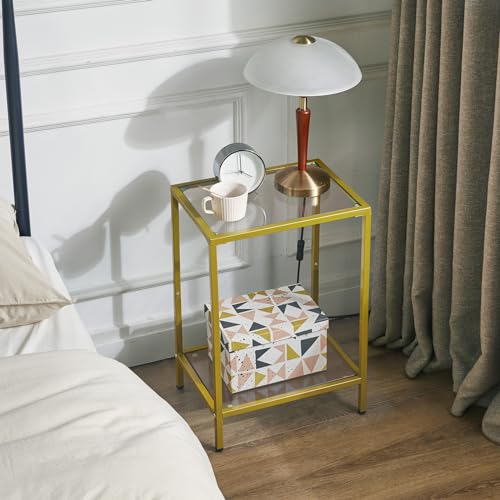 YMYNY Gold Side Table - 2 Tier Sofa End Table with Tempered Glass - Ideal for Living Room, Bedroom & Home Office - Industrial Style 38x28x56CM HGD002G - Image 4