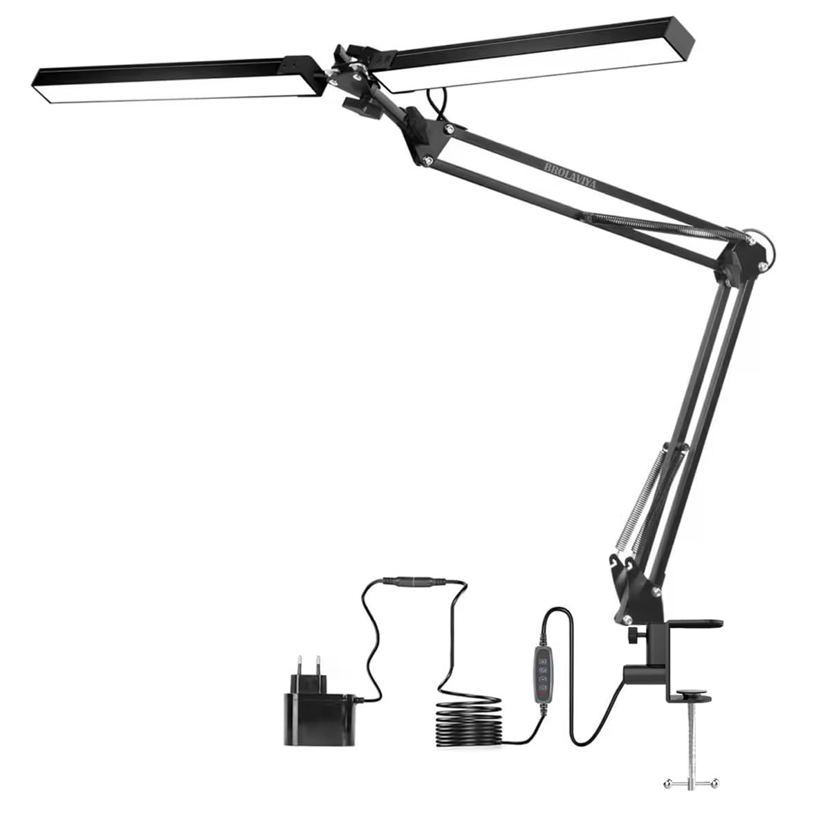 BROLAVIYA Overhead Double Head Led Desk Lamp Light with Metal arm Stand,3 Lighting Modes, Dimmable, with 12V/2A 24W Power with Adaptor for Home Office,Desktop, Bedroom, Reading, Study lamp etc