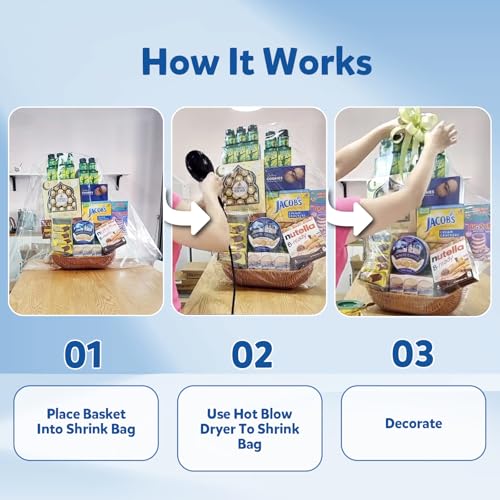 Image of WIKDAY Shrink Wrap Bags for Gift Baskets 5 PCS 40x50 Inches Extra Large | with Twist Ties, Cellophane Gift Bags, Plastic, For Gift Giving & Packaging Raffle Baskets, Easter, Baby Shower, Wedding