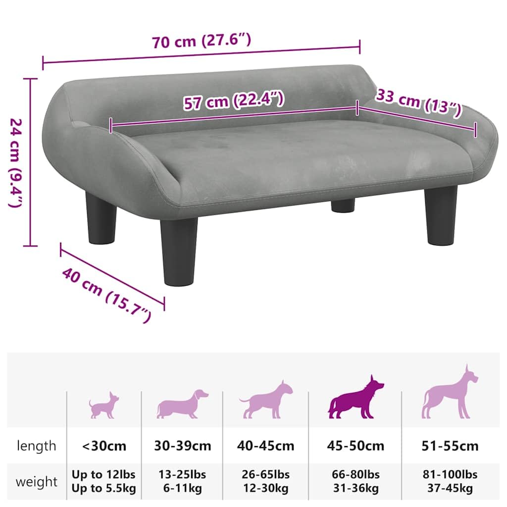 Hundebett Hundesofa aus Samt, modernes Haustierbett mit solidem Holzrahmen, weiches Hundekörbchen für kleine Hunde und Katzen, bequemer Schlafplatz, 70 x 40 x 24 cm, Hellgrau