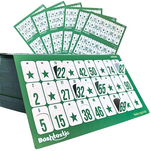 Bashtastic 504 Cartones Bingo Troquelados - Cartones Bingo para Bingo Juego de Mesa Adulto, Bingo Cartones 90 Bolas, Reutilizables y Distintos Entre sí (Verde, 504 Cartones)