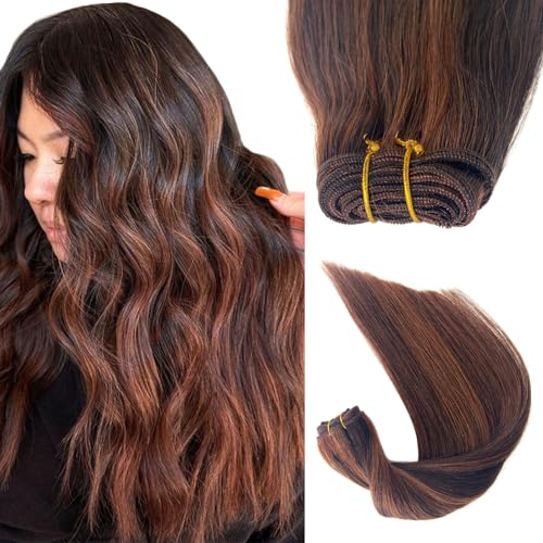 Image of Sew in Hair Extensions Real Human Hair, 18 Inch 100G Weft Hair Extensions Human Hair Bundles Dark Brown Balayage Auburn Brown Highlights Hand Tied Weft Hair Extension Real Human Hair Weave Bundles