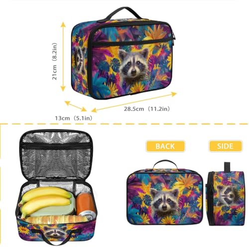 Raccoon Flowers Print Oil Painting Animal Kids Backpack Set School Bookbag with Lunch Box for Boys Girls4