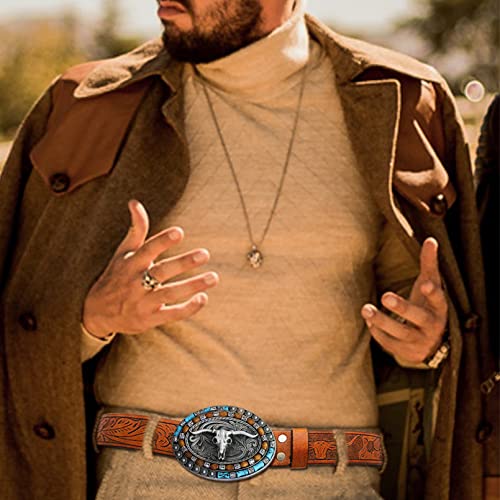 2Pcs Mens Cowboy Leather Bucket Belt and Replaceable Belt Buckles Western Longhorn Bull Belt Floral Strap2