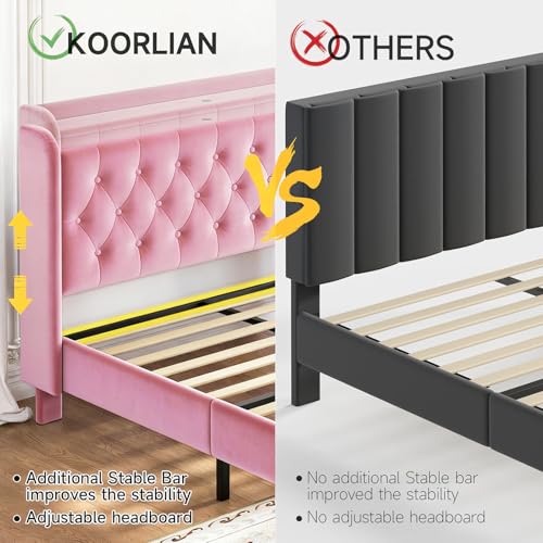 Image of koorlian Queen Bed Frame with Headboard, Adjustable Upholstered Platform Bed Frame with Type-C&USB Ports, Wingback Storage Headboard, Solid Wood Slats Support, No Box Spring Needed, Pink