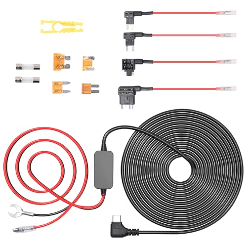 Image of Dash Cam Hardwire Kit USB C Hard Wire Kit with 12V-24V to 5V Car Dash Camera Power Cord,24 Hours Surveillance Low Voltage Protection 4 Fuse Tap Cable 13FT