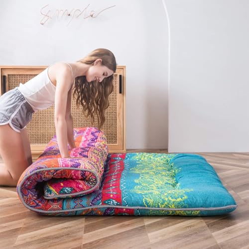 Image of MAXYOYO Bohemian Retro Floor Mattress Boho Floral Style Japanese Futon Tatami Mat Foldable Mattress Portable Camping Sleeping Pad Lounger Couch King Size