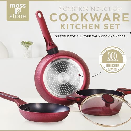 Image of Moss & Stone 4 Piece Nonstick Cookware Set, Small Pots And Pans Set Non stick With Glass Lid, Induction Cookware, Stay Cool Handle, PTFE /PFOA, Kitchen Cookware 4-Piece with Frying Pans Set & Saucepan