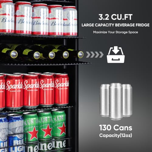 Image of ORYMUSE 3.2 Cu.Ft Beverage Refrigerator, 130 Can Mini Fridge with Glass Door & Digital Temperature Control, Compressor Cooling Freestanding Cooler for Soda, Beer, Wine, Home, Office & Bar - Black
