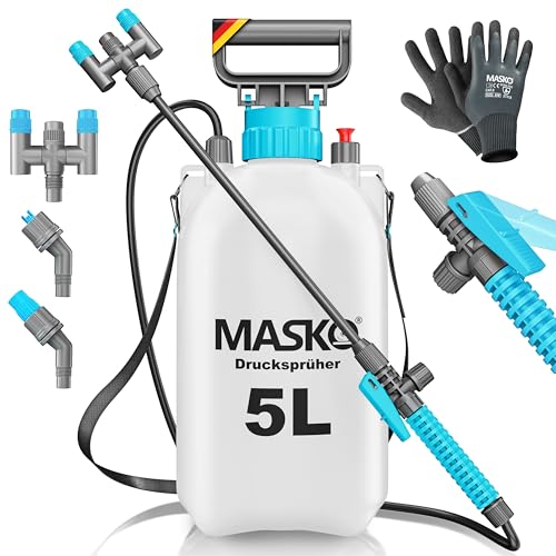 MASKO® Drucksprüher säurebeständiges Drucksprühgerät 5L Füllinhalt mit verstellbaren Düsen & 1,3m Schlauch | Sprühgerät für Pflanzenschutz, Garten & Auto | Pumpsprühflasche inkl Tragegurt & Handschuhe