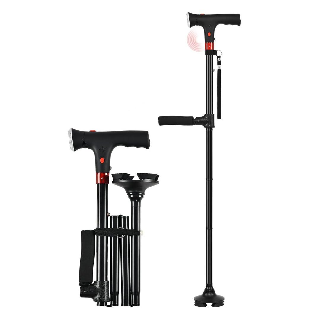 Canne De Soutien Astuvita Canne de Marche Ergonomique avec LED et Alarme, Double Poignée & Base Autoportante, Aide à la Mobilité Senior, Pliable Réglable Légère