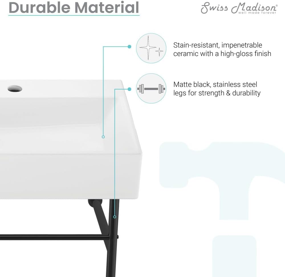 Claire 30" Console Sink White Basin Black Legs with 8" Widespread Holes
