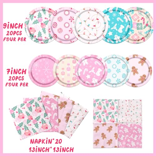 60Pcs Pink Merry Christmas Party Tableware - Paper Plates, Napkins & Winter Xmas Theme Decorations for Retro Christmas Holiday - Gingerbread Party Favors (20 Guest) – Image 3