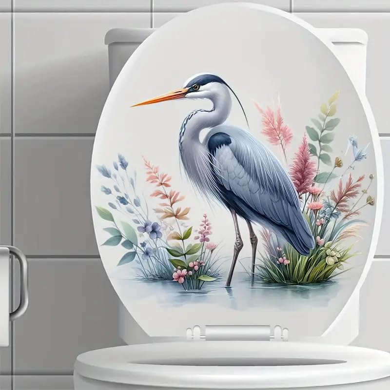 Crane Toilet Cover Sticker Decals,Fish Bird Flower Leaf Waterproof Toilet Lid Tank Seat Decals Cistern Self-Adhesive Bathroom Wall Sticker