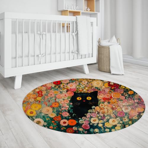 Tapis de sol fleuri pour chambre d'enfant et nurserie avec chat noir mignon - 4