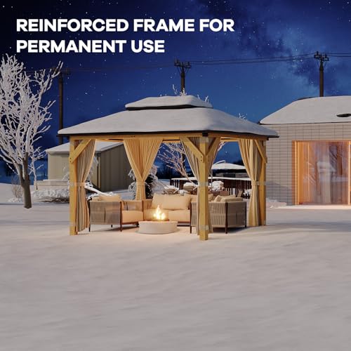 Garvee 10x12 ft Hardtop Gazebo with Nettings and Curtains, Wood Grain Heavy Duty Double Roof Galvanized Steel Outdoor Combined of Vertical Stripes Roof for Patio, Backyard, Deck, Lawns, Khaki - Image 6
