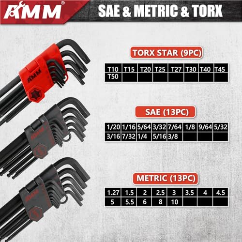 AMM 36 PCS Allen Wrench Set, Premium Metric/SAE Hex Key Set & Torx Star Key Set, Extra Long Ball & Star End Allen Key Set with T-Handle, Industrial Grade Cr-V Steel