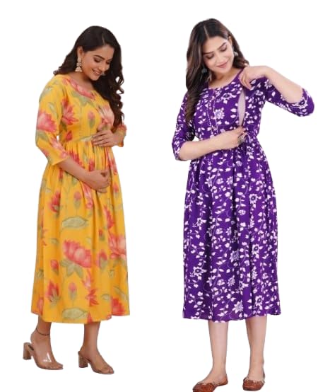 Floral Printed Maternity Midi Dress with Nursing Access, 3/4 Sleeves, Fit and Flare Pack of 2-picture-51