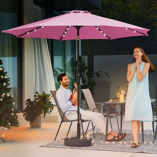 Image of JEAREY 9FT Outdoor Patio Umbrella with Solar Lights, LED Lighted Pool Umbrella with Tilt and Crank, Outdoor Table Umbrellas for Deck, Yard & Market (Rose Pink)