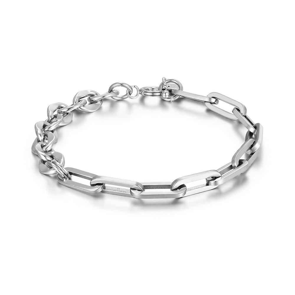 OULIGET Mens Chain Bracelet,Mens Mosaic Titanium Steel Hollow Paper Clip Solid Buckle Chain Bracelet, Trendy Men Hiphop Bracelet,Silver, 8.3 Inches.