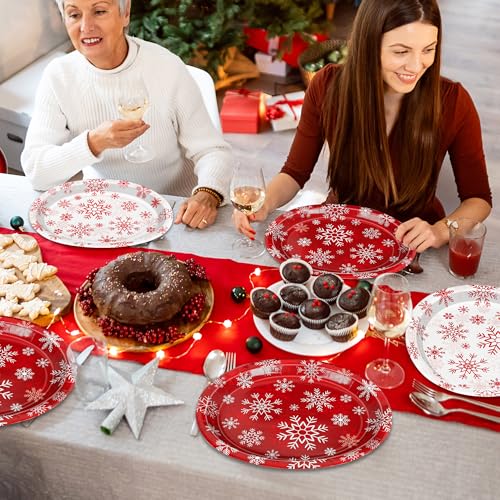 QZYL 50 PCS Christmas Paper Plates, 12.2×10.2 Inches Oval Snowflake Plates Christmas Party Decorations, Red White Platters Xmas Party Dinnerware, Holiday Party Supplies BBQ New Year Tableware – Image 8
