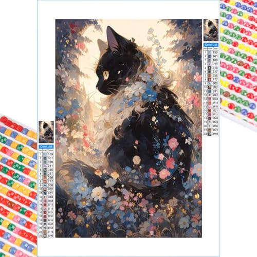 Kit Peinture Diamant Chat Fleur 40x50cm | Créez votre Décoration Murale Maison en Strass