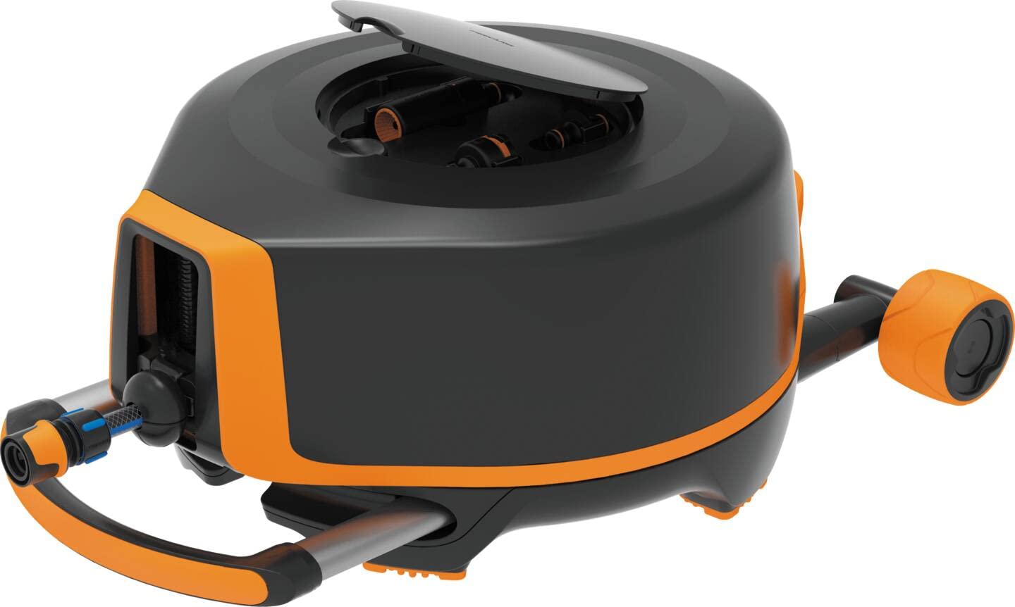 Fiskars Carro portamangueras XL con ruedas, Set de riego todo incluido, Alcance 27m, Enrollado automático, Manguera tamaño universal (diám. 13 mm), Conector grifo universal, Negro/Naranja, 1025933 | 1025933 - Manguera de bobinado automático, conexión univ