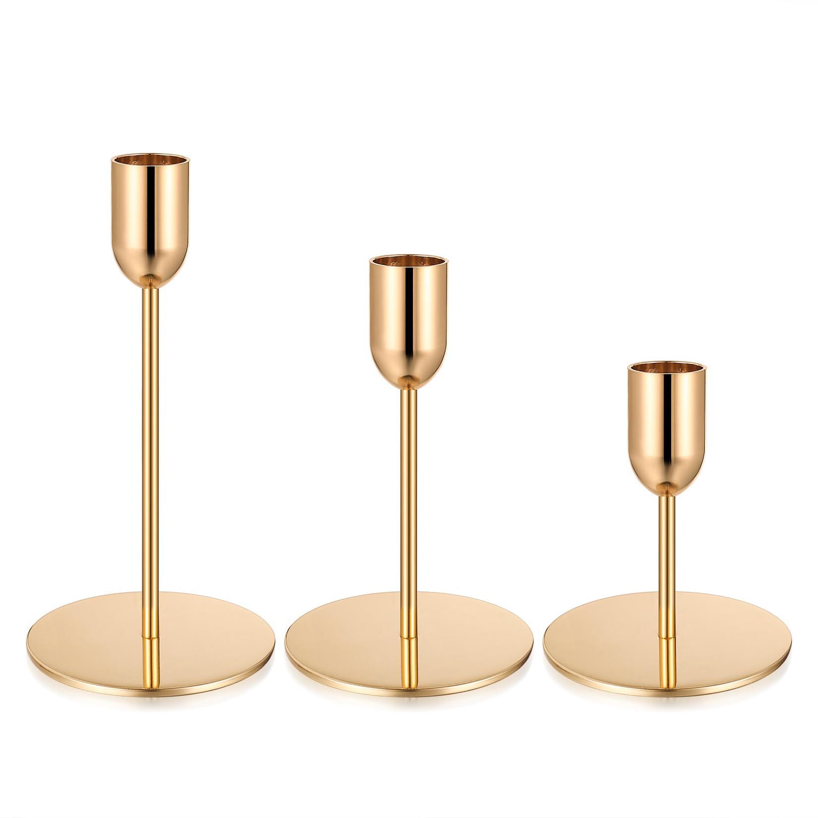 Set of 3 Gold Candlestick Holders for Taper Candles, Gold Candle Holders, Metal Tall Taper Candle Holder Stands for Home Decor Wedding Party Table Centrepiece Decoration(Cup Style)