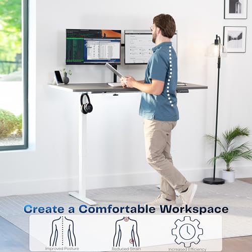 Image of VIVO Dark Gray 60 x 30 in Standing Desk, DESK-KIT-1W6G-30 | Electric, Holds 220 lbs, Sit Stand, Height Adjustable, Extra Deep Table Top, Memory Presets, 1B Series, White Frame