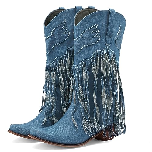 Fringe Denim Cowboy Boots Chunky Heel Tassel Cowgirl Boots Low Heel Mid Calf Western Boots