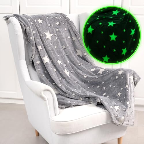 Wanapix | Manta Luminosa | Brilla en la Oscuridad | Suave y Acogedora para Niños y Niñas | Manta Gris de Estrellas | Apta Lavadora | 150x125 cm