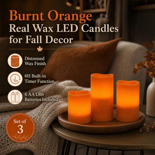 Image of Rhytsing Burnt Orange Real Wax Flameless Candles with Timer for Fall, 3 Pcs