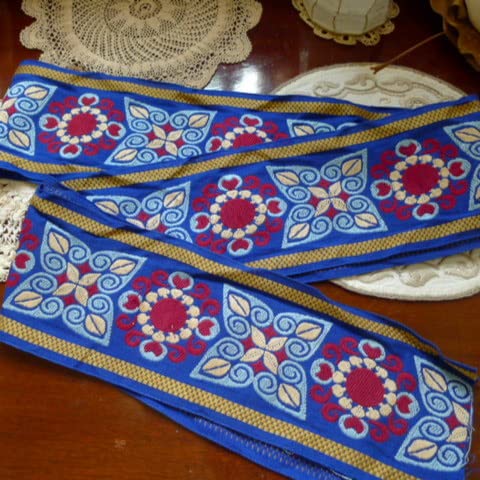 英国 ヴィンテージ リボン 2m 青&赤 刺繍 リボン 生地 ビンテージアンティーク イギリス フランス雑貨 ヨーロッパ 北欧