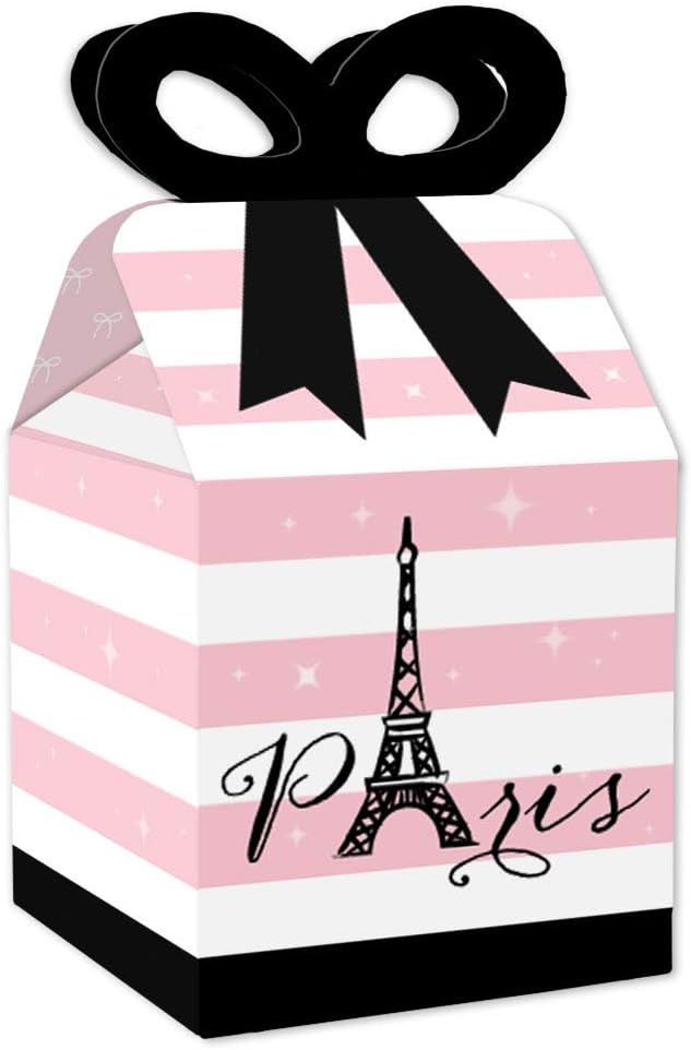 Big Dot of Happiness París, Ooh La La - Cajas de regalo cuadradas para baby shower o fiesta de cumpleaños - Juego de 12 cajas de lazo con temática