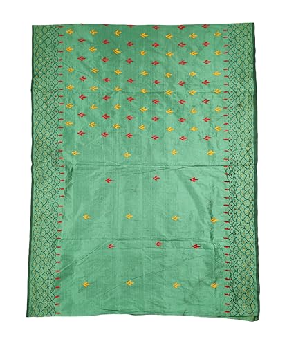 Image of SHRISTI CLOTHINGS Women's Hand Embroidered Cotton Silk Kantha Stitch Saree with Blouse Piece (J420724 BAYLEAFGREEN)