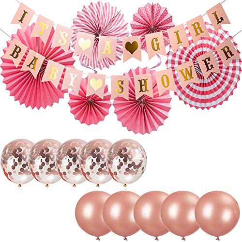 Integrity.1 Baby Shower Decoracion ,Rose Gold Balloons Set ,Latex Confetti Balloons ,Abanicos de Papel, Pancarta de Baby Shower, para Home Party Supplies Birthday Wedding Decoración