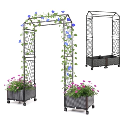COSTWAY Blumenkasten mit Rankgitter & hängendem Dach, 163 cm, 2 in 1 Rosenbogen mit 2 Pflanzkästen, Gartenbogen auf Rollen, Metall & PP-Rattan, Rankkasten mit Spalier, für Kletterpflanzen (Grau)