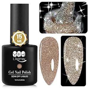 YTD Likomey Reflective Glitter Gel Nail Polish,15ml Champagne Gold Flash Diamond Disco DJ Shimmer Nail Gel,Sparkly Shiny Soak Off UV Gel Polish Varnish,Salon Home DIY Manicure