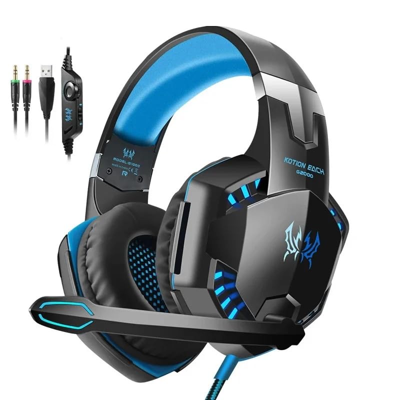 STS® G2000 Gaming Headset, Bass Surround Gaming Headphones With Noise Cancelling Mic/LED Lights/Soft Memory Earmuffs For (PS5/PS4/Xbox One/Controller/Laptop/PC/Mac/Nintendo/NES) ((New Blue))