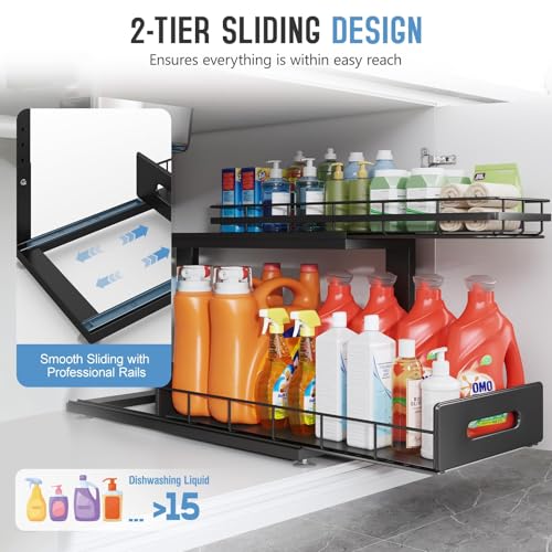 Image of Under Sink Organizer Upgrade To Professional Rails,2-Tier Dual Pull Out Cabinet Storage,Height Adjustable Slide Out Drawers For Bathroom Kitchen,2 Pack-21 inchDx12.8 inch-16.9 inchH,Black