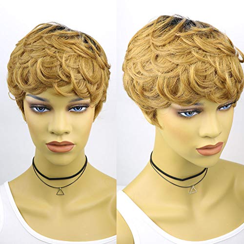 VRZ Short Wavy Human Hair Wigs with Bangs Pixie Cut Brazilian Hair Wigs Short Black Layered Pixie Wavy Wigs for Women (Side Wavy 1B/30#)