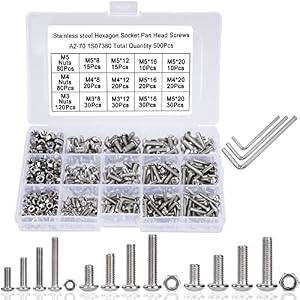 Schrauben und Muttern Set M3 M4 M5 Edelstahl-Sechskopf-Knopf Schrauben Sortiment Kit mit Verdickte Aufbewahrungsbox und Inbusschlüssel 500 Stück