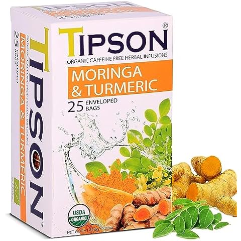 Tipson Organic Moringa Herbal Tea Infusions - Moringa and Turmeric Flavor - Non GMO, Gluten Free, Caffeine Free - 25 Premium Tea Bags (Pack of 1) Cover