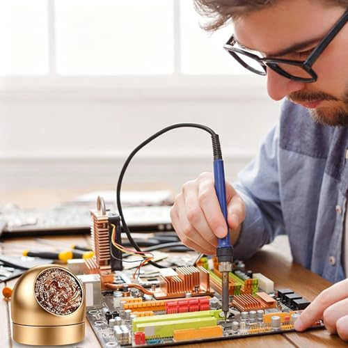 Image of Soldering Iron Tip Cleaner Non-slip Solder Tip Cleaning Wire Ball & Base Holder Soft Coiled Brass Tip Cleaner Kit (Gold)